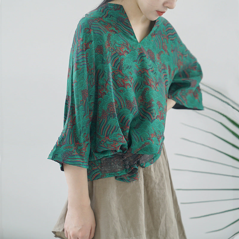 Silk Fragrant Cloud Yarn Printed Cocoon Loose Qipao Cheongsam Top