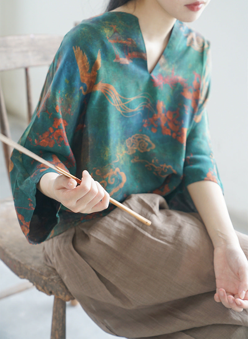 Silk Fragrant Cloud Yarn Printed Cocoon Loose Qipao Cheongsam Top