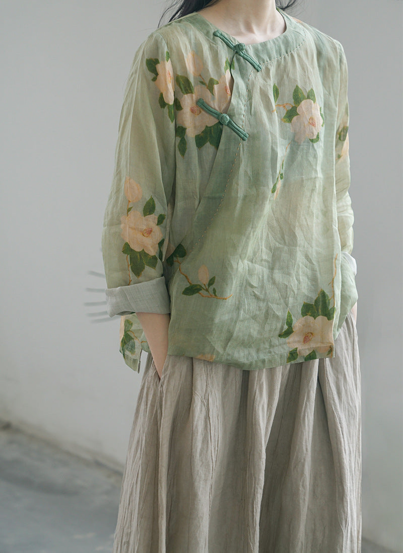 Diagonal Print Ramie Cheongsam Top