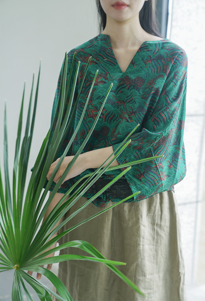 Silk Fragrant Cloud Yarn Printed Cocoon Loose Qipao Cheongsam Top