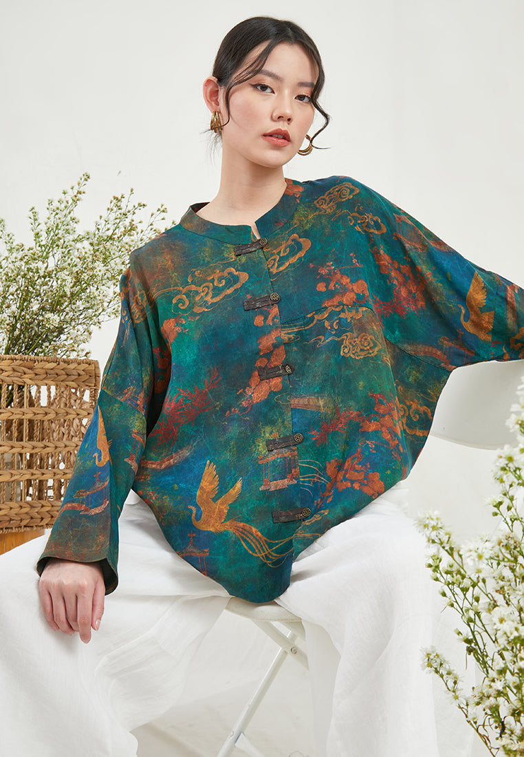 Silk Fragrant Cloud Yarn Printed Cocoon Loose Qipao Cheongsam Top