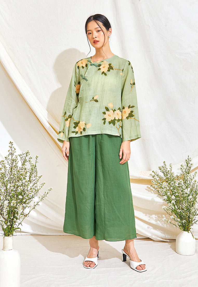 Diagonal Print Ramie Cheongsam Top