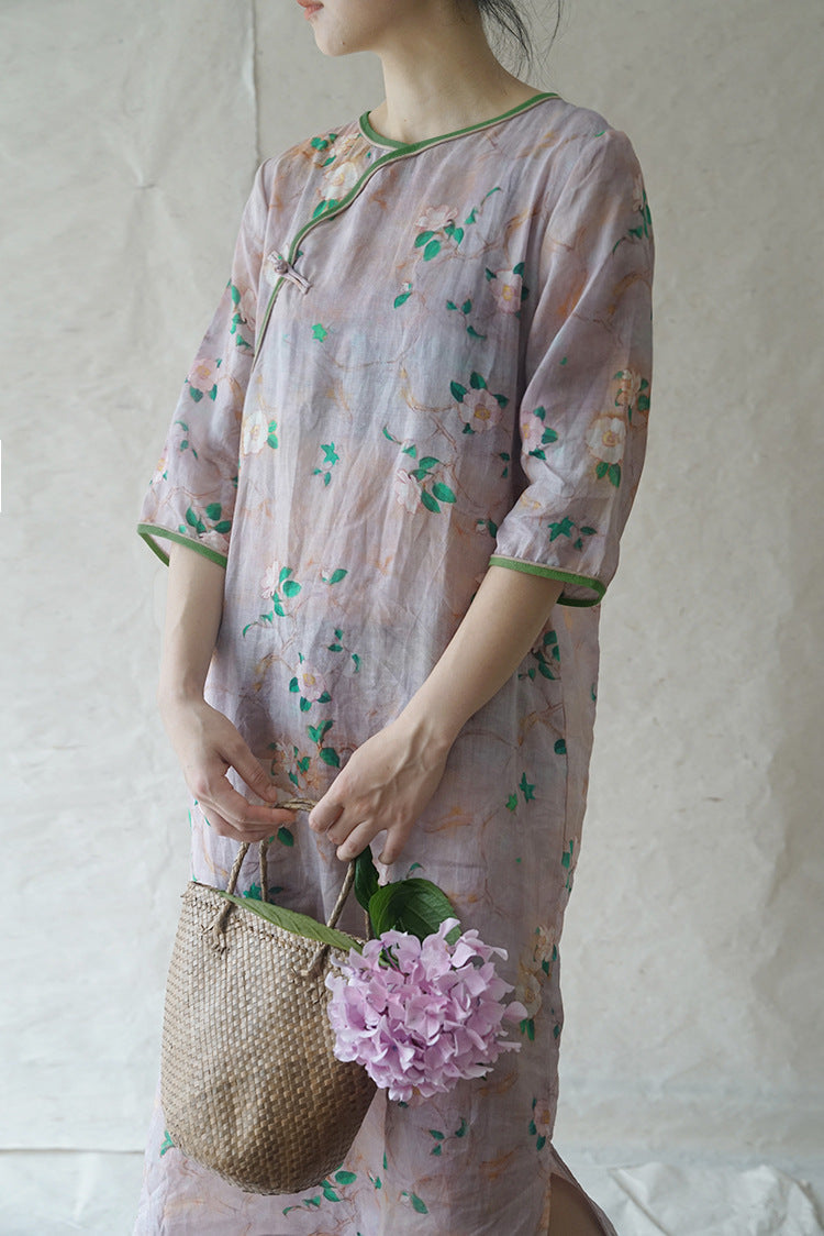 Camellia Cheongsam Dress Long Sleeve