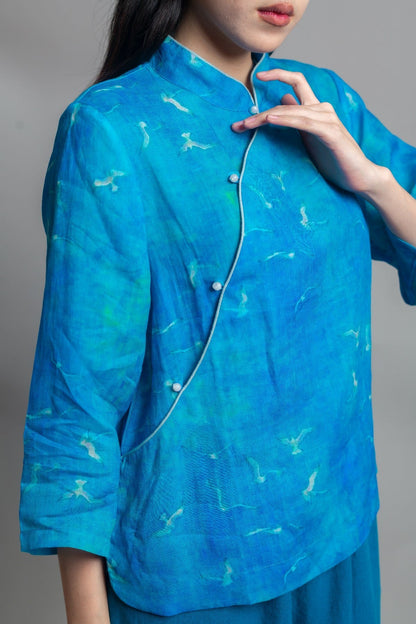 Crane Cheongsam Top (Turquoise)