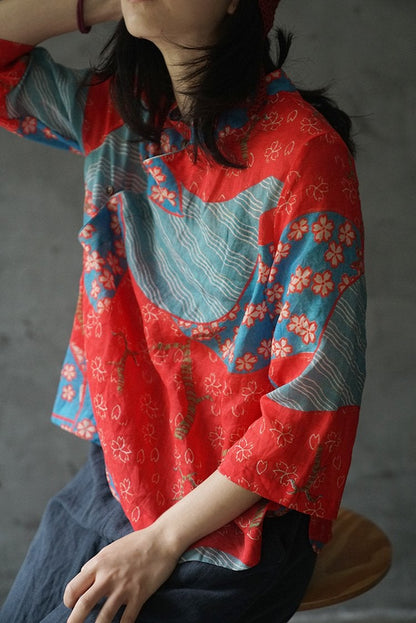 Red Sakura Print Cheongsam Top