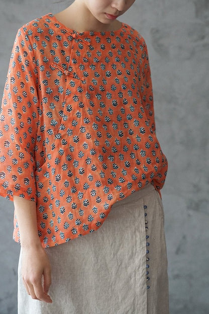 Orange Printed Cheongsam Top