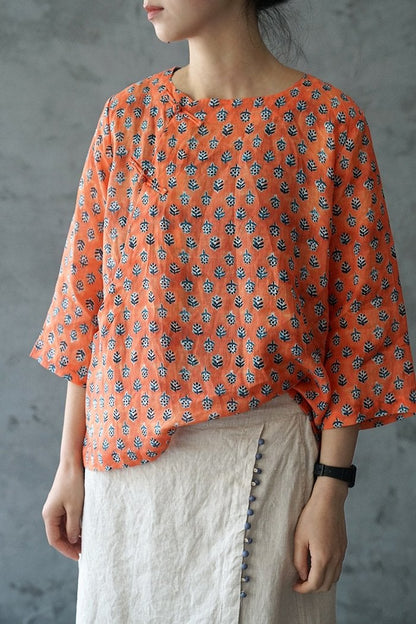 Orange Printed Cheongsam Top