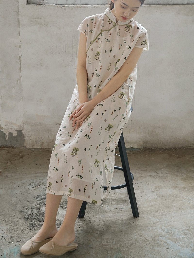 Summer Plant Cheongsam Dress