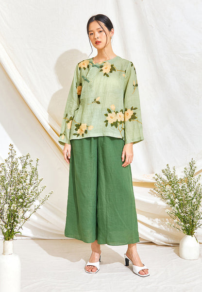 Diagonal Print Ramie Cheongsam Top