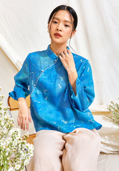 Crane Cheongsam Top (Turquoise)