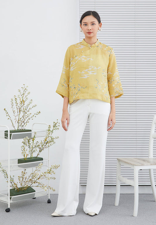 Yellow Dragon Print Cheongsam Top