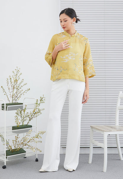 Yellow Dragon Print Cheongsam Top