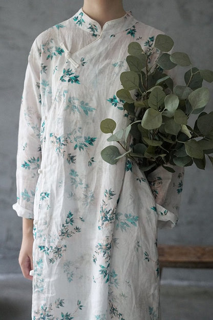 White Leafy Cheongsam Dress