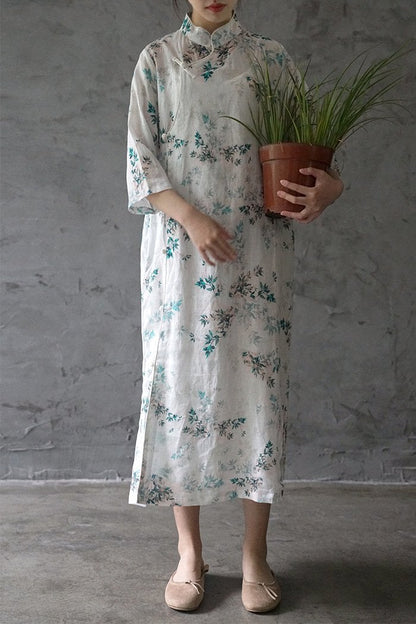 White Leafy Cheongsam Dress