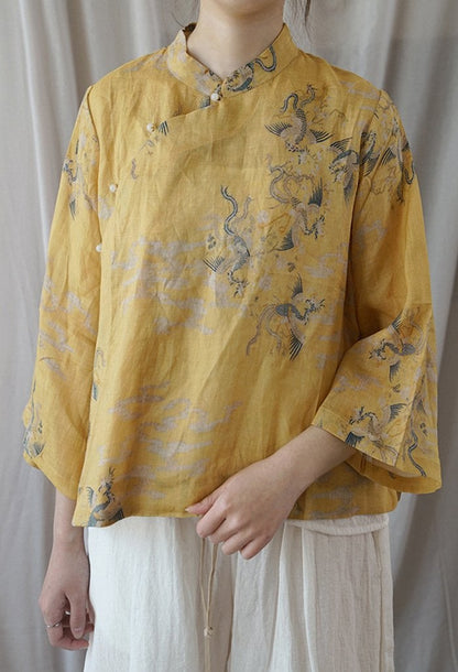 Yellow Dragon Print Cheongsam Top